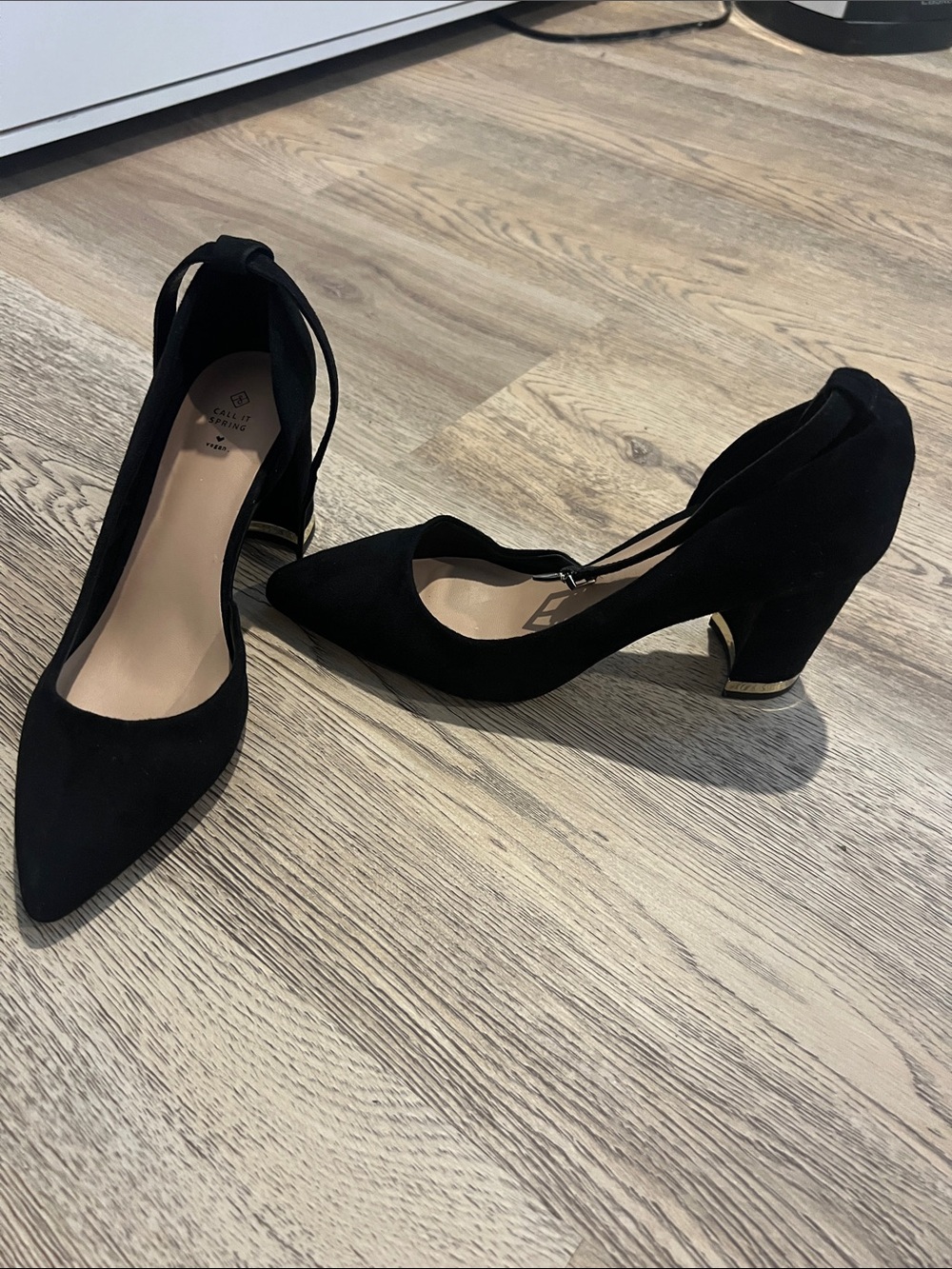 Call It Spring Black Suede Pointed Ankle-Strap Block Heels